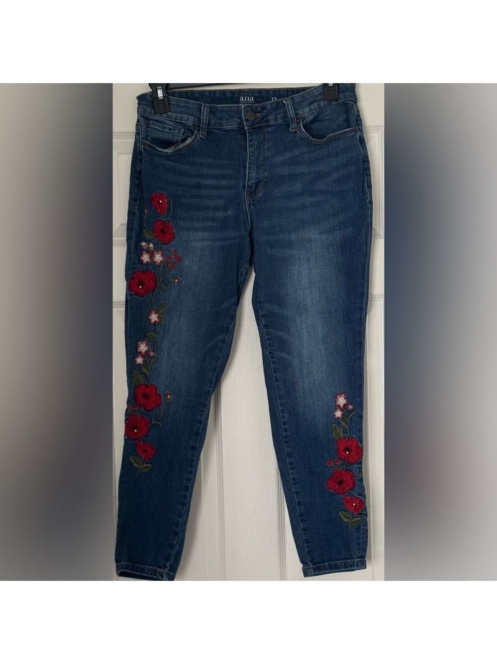 a.n.a Dark Blue Jeans with Red and Pink Floral Design